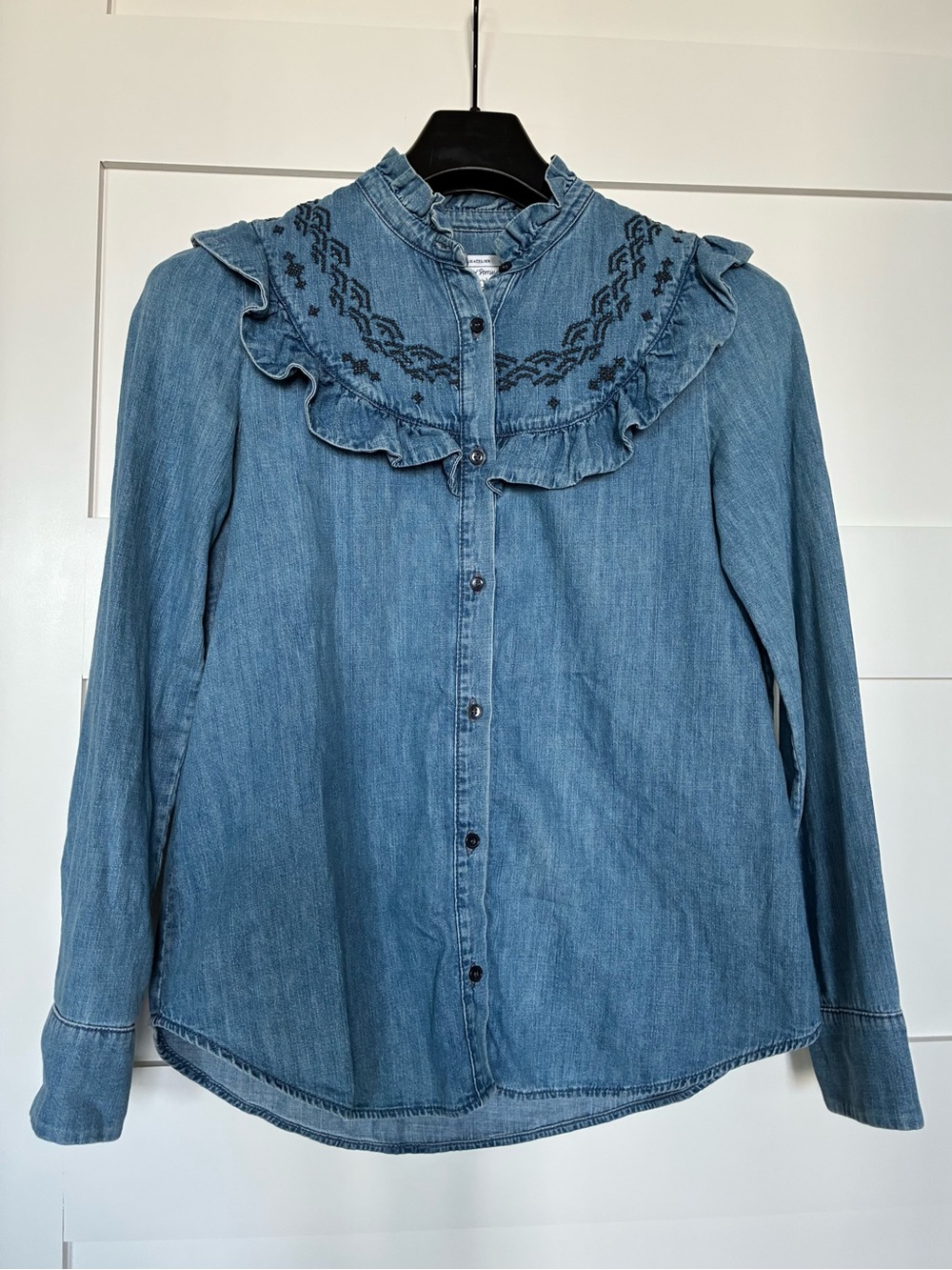 & Other Stories 4 Blue Denim Ruffle Yoke Button-Down Shirt